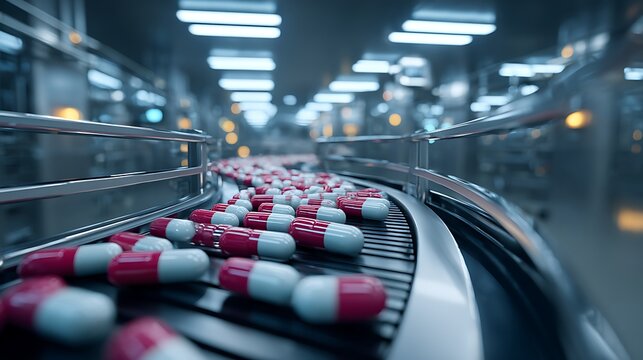 Pharmaceutical capsules move along a production line in a factory, showcasing Industry Technology.