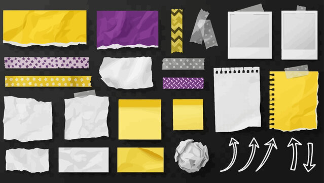 a versatile collection of torn paper crumpled notes sticky notes and decorative washi tape for creative projects.