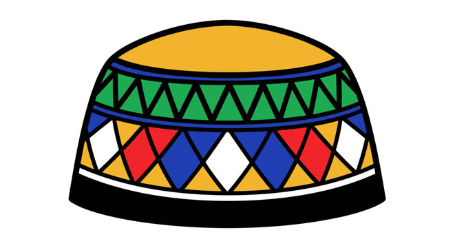 a vibrant geometric patterned african traditional hat reflecting south african ndebele and zulu cultural heritage.