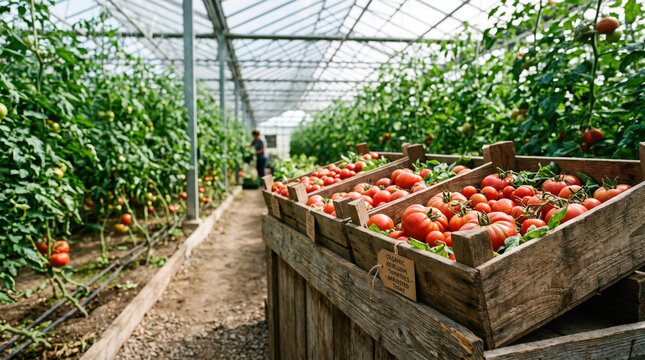 Ripe red organic heirloom tomatoes displayed in wooden crates in