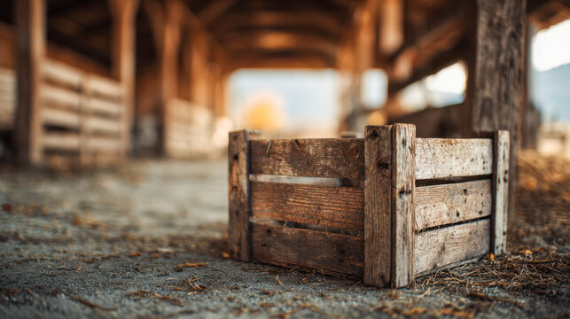 Rustic wooden crate sitting on dirt floor inside a barn with warm natural lighting and blurred background of wooden structures and beams