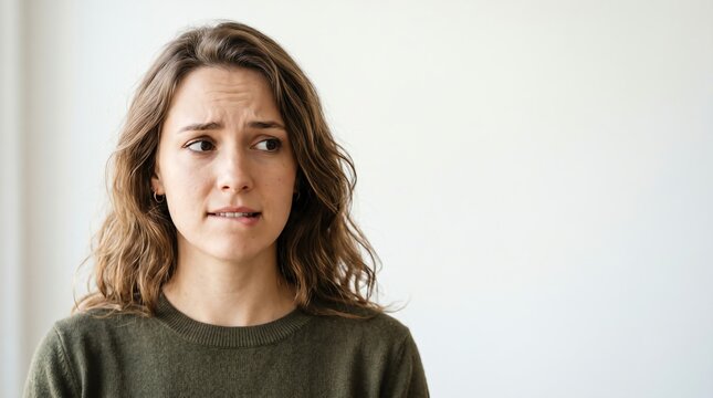close up of worried young woman biting lip looking away with anxious expression and copy space