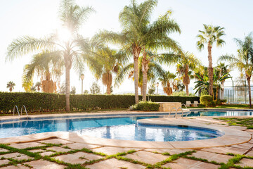 Fototapeta premium The setting shows a swimming pool with steps leading into the water. Surrounding the pool are green plants and trees. The sun shines brightly, creating reflections on the water surface.