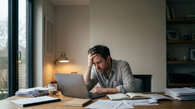 Overwhelmed Man Working Late on Laptop While Managing Bills and Financial Stress at Home