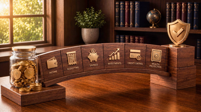 Symbolic Bridge of Financial Growth Stages Leading Toward Wealth, Achievement, and Long Term Success in Warm Luxury Environment