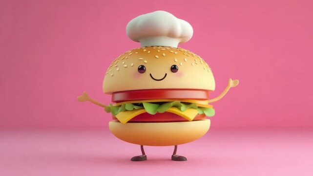 Cartoon hamburger character wearing chef hat on pink background  