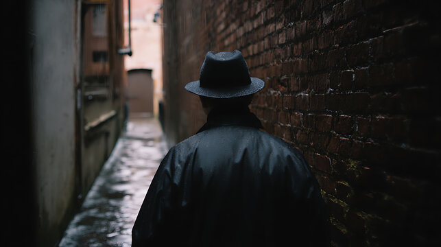 Mysterious Figure in Hat and Coat Walk Down Dark Wet Alleyway Between Brick Buildings, Evoking Solitude and Suspense