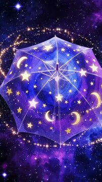 Magic space umbrella reveals stars and moons in bright colors above dark background during night.