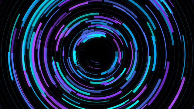 Abstract neon circular technology background, futuristic rotating ring pattern with glowing cyber elements, modern digital radial wallpaper design