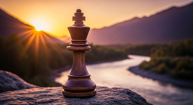 Strategic Majesty - A Lone Chess King Overlooking a Sun-Kissed River Valley.