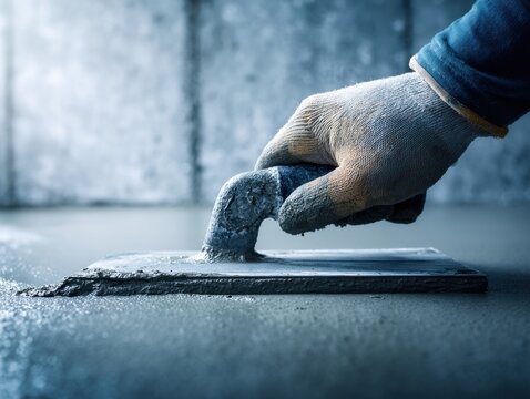 Worker with protective gloves smoothing and leveling wet cement surface using a hand trowel in a construction site environment