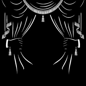Hands opening elegant theater curtains revealing a dark stage.