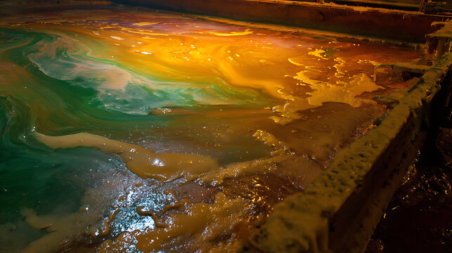 Abstract Swirl of Vibrant Colors and Textured Liquid in an Industrial Setting, Dynamic Flow with Warm and Cool Tones, Chemical Process