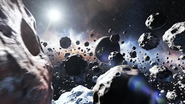 A dramatic view of a dense asteroid field in deep space, illuminated by a bright, distant sun.