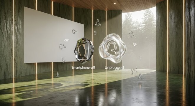 Conceptual Photo of a Digital Detox Sanctuary with Floating Sapphire Smartphone-off and Unplugged Resin Node Icons in a Luxury Cedar Forest Retreat.