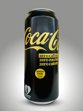 Italy - May 14, 2026: Coca-Cola Zero Sugar Zero Caffeine can with its new design featuring a black background and yellow lettering, new look, same great taste