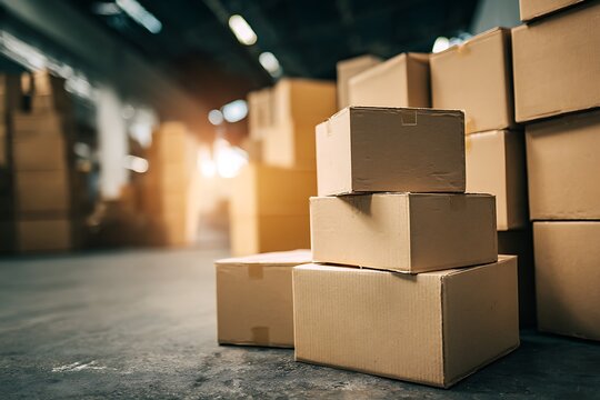 Stacks of cardboard boxes in a warehouse storage facility interior with industrial lighting