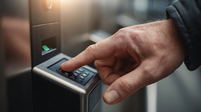 Close up of man hand entering security code on electronic keypad for access control system.