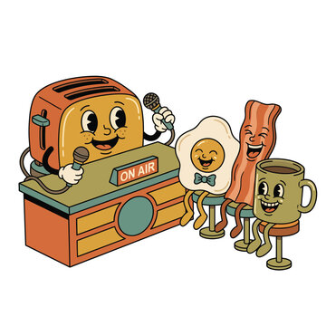 Retro breakfast characters on a radio show, funny cartoon style illustration