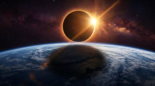 Stunning total solar eclipse over planet Earth with galaxy background