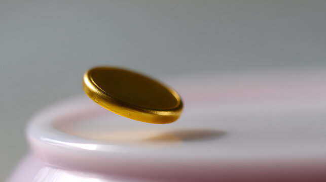 A shining golden coin caught mid-air over a light pink surface, symbolizing financial uncertainty, economic decisions, and the element of chance