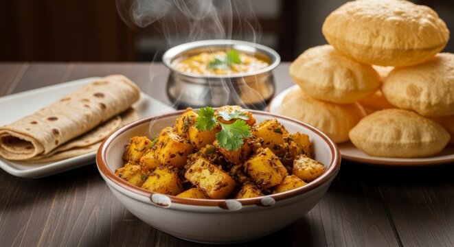 Aromatic Indian Platter - Steaming Curry, Spiced Potatoes, and a Stack of Golden Puri.