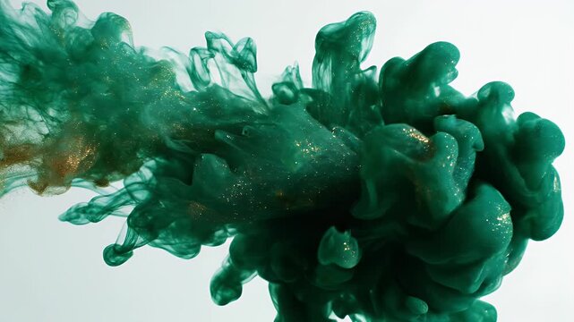 A mesmerizing abstract image showcases swirling green and gold ink dispersing in water against a stark white background, creating a dynamic and artistic visual.