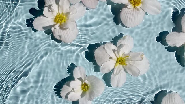 White Jasmine, Chamomile flowers on water surface waves on blue background. Water splash. Pure water with reflections sunlight and shadows. Valentines day texture. . High quality 4k footage