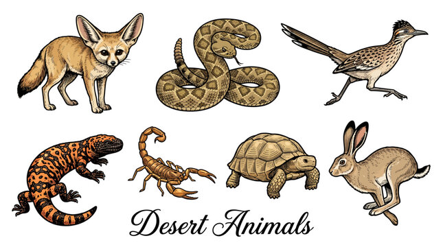 Desert Animals Vector Illustration Set with Fennec Fox, Rattlesnake, Roadrunner, Scorpion, Tortoise, Jackrabbit, and Gila Monster