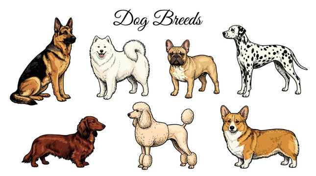 Collection of Popular Dog Breeds Vector Illustration Set Featuring German Shepherd Samoyed French Bulldog Dalmatian Dachshund Poodle and Corgi