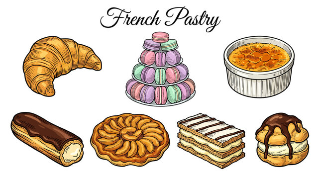 Hand drawn collection of classic French pastries featuring croissant, macaron tower, creme brulee, chocolate eclair, apple tart, mille-feuille, and cream puff, vector graphic set.