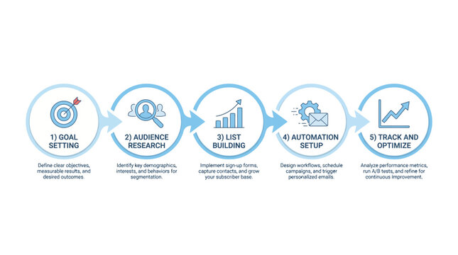 Business marketing strategy infographic, 5 step process flow diagram, professional corporate workflow chart for goal setting and automation