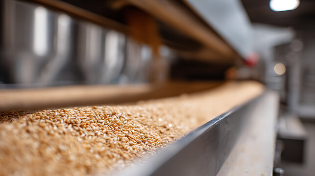 Close-up of golden grains move along a conveyor belt inside a modern industrial facility for food production or agricultural processing