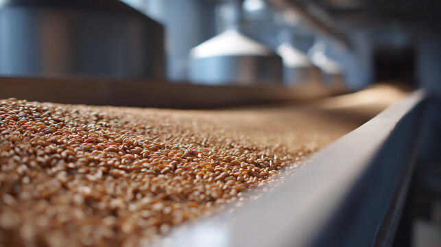 Close-up of golden grains move along a conveyor belt inside a large industrial facility, showcasing efficient grain processing and automated machinery