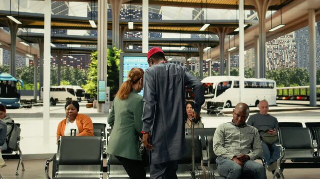 Two travelers colliding accidentally in busy bus station hall filled with luggage, dramatic public transportation scene showing crowded passenger flow. Crossing paths in a hectic terminal.