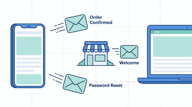 E-commerce email marketing automation vector, transactional order confirmation and password reset notifications, digital storefront communication concept