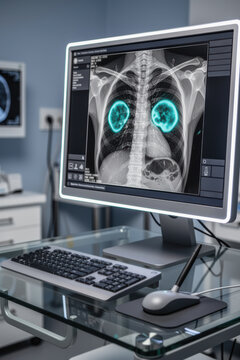 Computer monitor displaying chest X-ray with AI-highlighted lungs on workstation