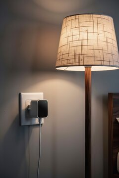 Floor lamp beside wall outlet with a smart plug emitting warm ambient light