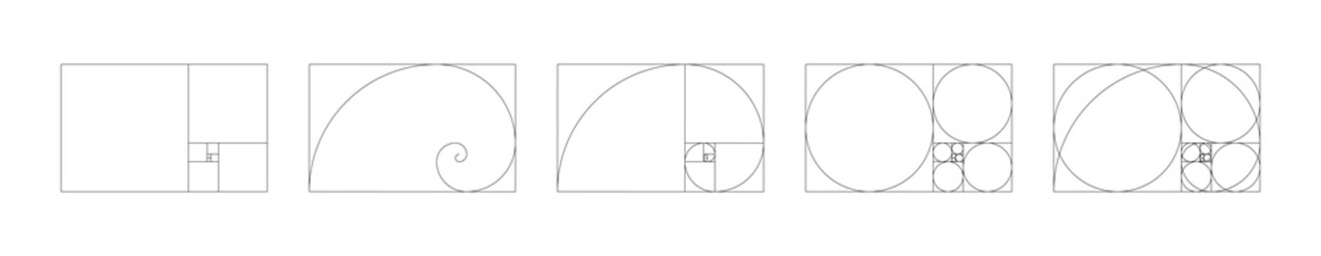 Horizontal Fibonacci numbers array set of 5 elements for design. Template of golden ratio harmony proportions set.