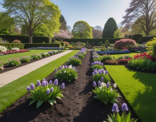 Obraz premium Beautiful English Garden Landscape with Vibrant Flowers and Lush Green Lawns.