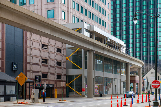 Financial District station at 133 W Larned Street at Shelby Street, downtown Detroit, Michigan MI, USA. The station is a Detroit Light Rail (People Mover) station.  