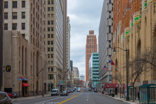 Griswold Street at W Larned Street including Buhl Building on the left and The Stott building in distance, downtown Detroit, Michigan MI, USA.