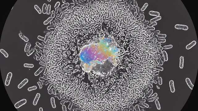 Microbial Swarm Engulfing Iridescent Microscopic Object
