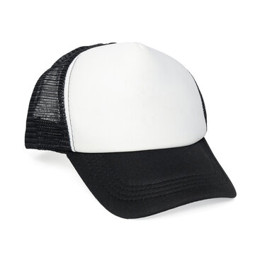 two-tone trucker hat with white front panel and black mesh isolated on white background side view