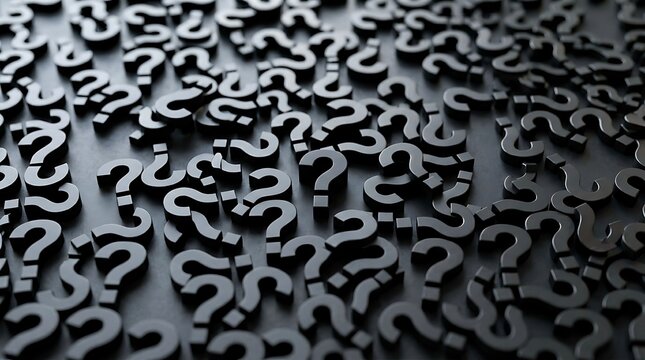 Black question marks background on dark surface.