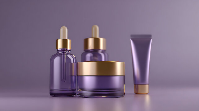 Elegant assortment of purple beauty product containers, including dropper bottles, cream jars, and tubes, with luxurious gold accents on a soft background