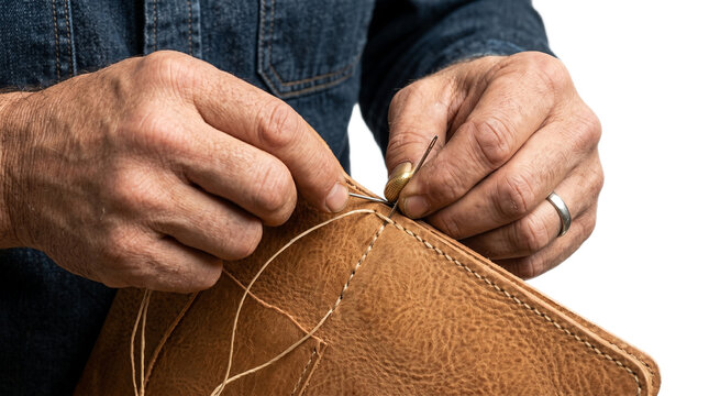 Craftsman hand stitching leather with needle and thread, close up detail of artisan work PNG Isolated on transparent background