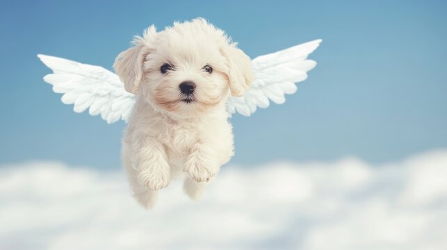 Cute puppy with wings flying in a blue sky above soft clouds