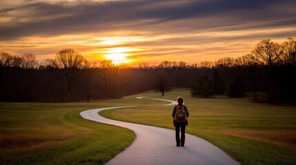 Obraz premium Person walks on winding path towards sunset in open field