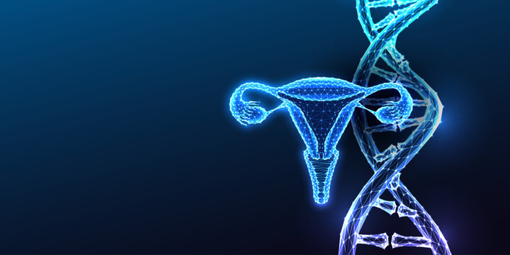 DNA Double Helix Uterus Endometriosis PCOS Reproductive Genetics Glowing Blue Vector
